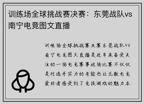 训练场全球挑战赛决赛：东莞战队vs南宁电竞图文直播