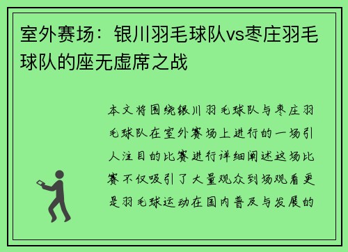 室外赛场：银川羽毛球队vs枣庄羽毛球队的座无虚席之战